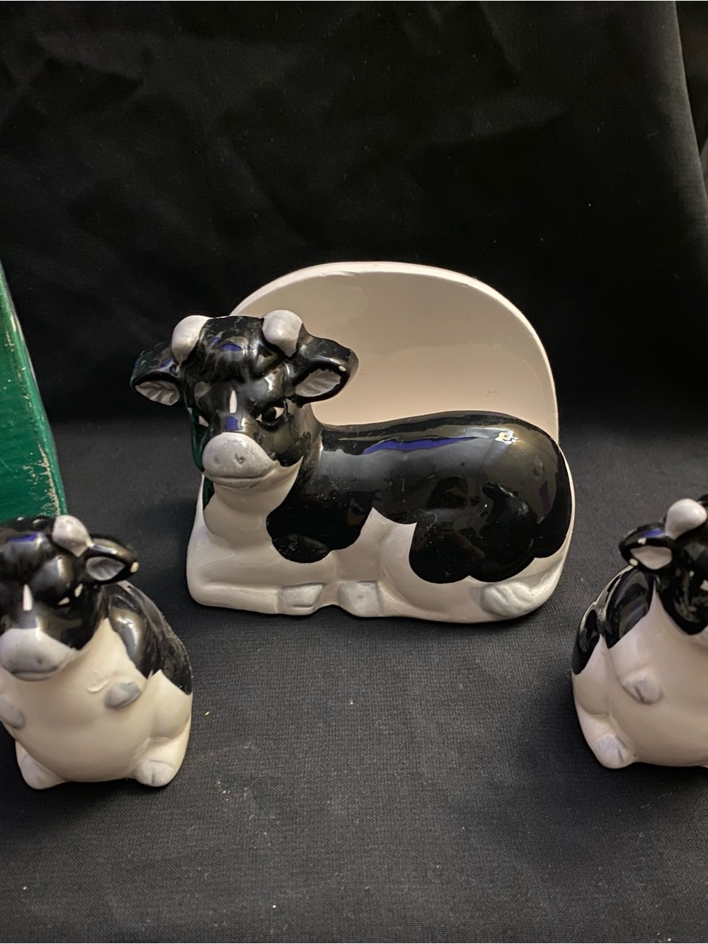 Vintage Otagiri Japan Ceramic Holstein Cow Napkin Holder Salt Pepper Shakers Set